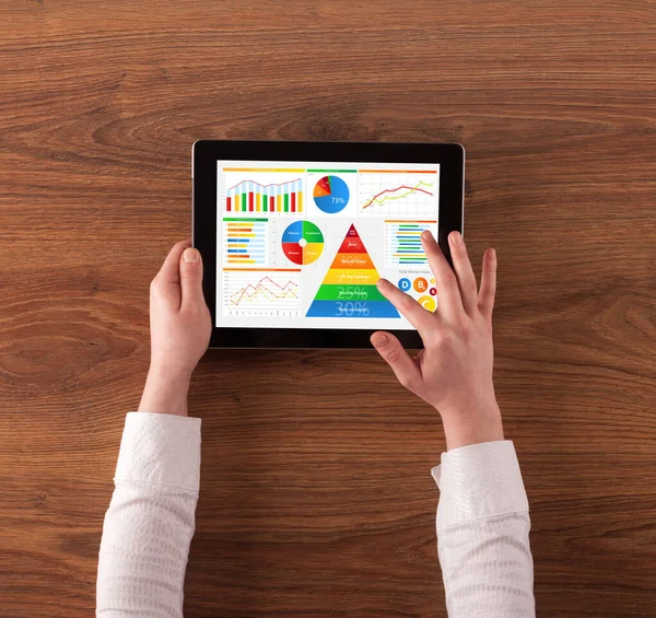 Mano con tableta analizando el informe diario de alimentos — Foto de Stock