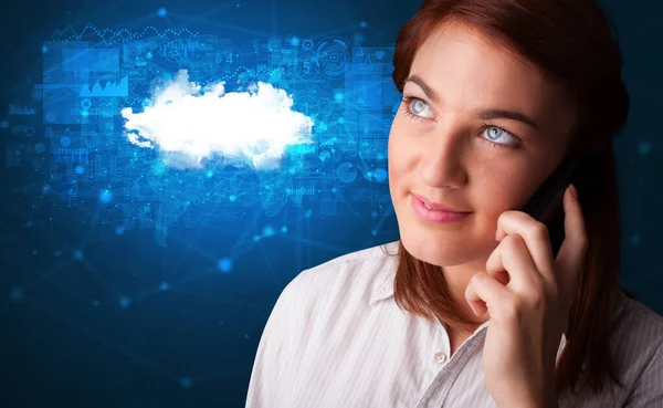 Person talking on the phone with cloud technology concept — Stock Photo, Image