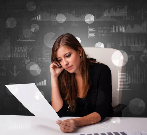 Manager at the office making reports and statistics with blackboard background — Stock Photo, Image