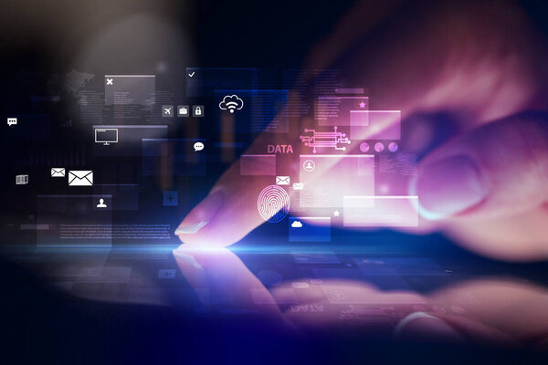 Finger touching tablet with global database concept