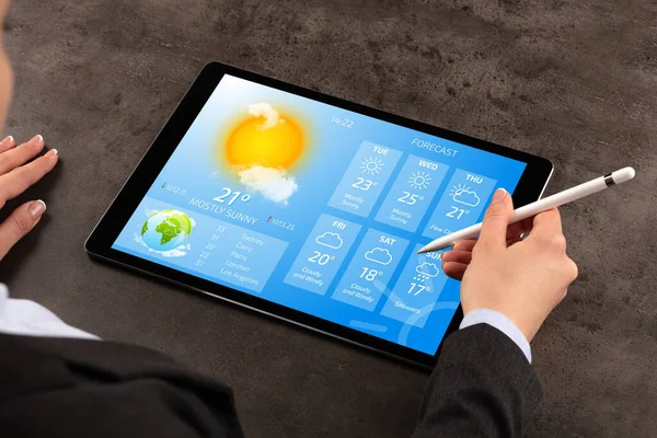 Business woman checking weather — Stock Photo, Image