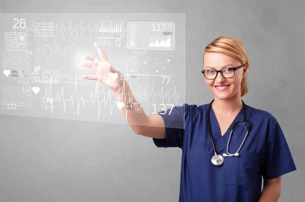 Person touching light blue hologram screen — Stock Photo, Image