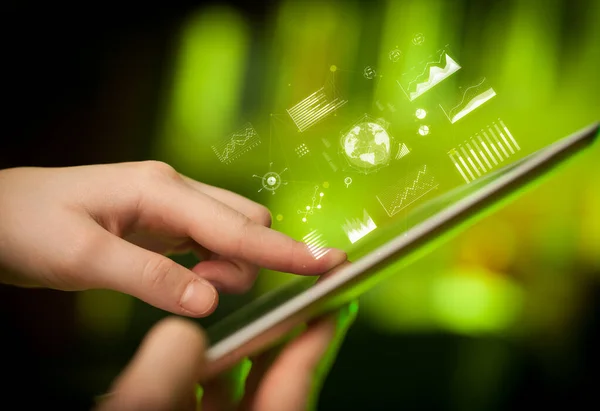 Holding tablet with global system concept — Stock Photo, Image