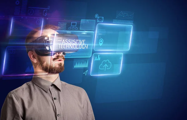 Businessman looking through Virtual Reality glasses, tech concept — Stock Photo, Image