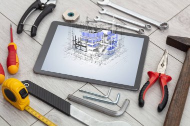 Tablet ve araçları 3d ev planı kavramı ile