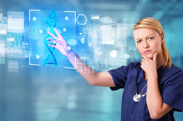 Doctor touching screen with biology and genetic concept — Stock Photo, Image