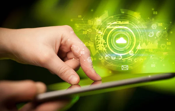 Hand holding tablet with cloud system concept — Stock Photo, Image