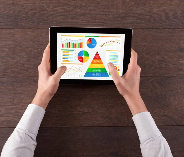 Hand med tablett analysera rapporten dagliga mat — Stockfoto