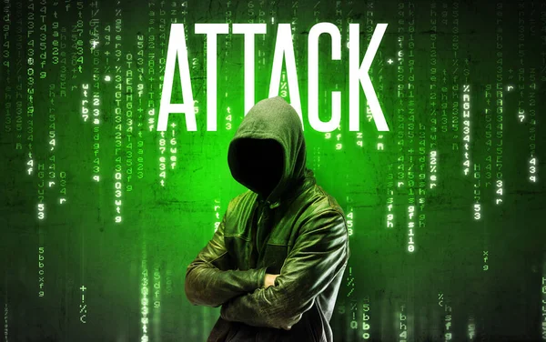 Faceless hacker with inscription — Stock Photo, Image