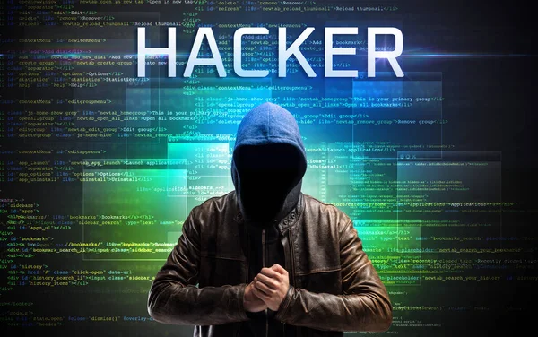 Gezichtloze hacker op code achtergrond — Stockfoto