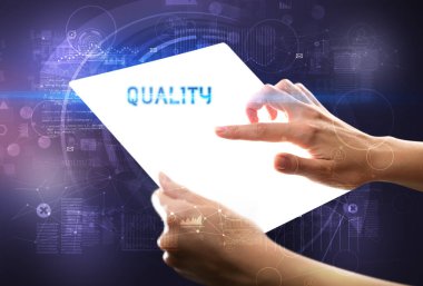 El işi fütüristik tablet, teknoloji konsepti.