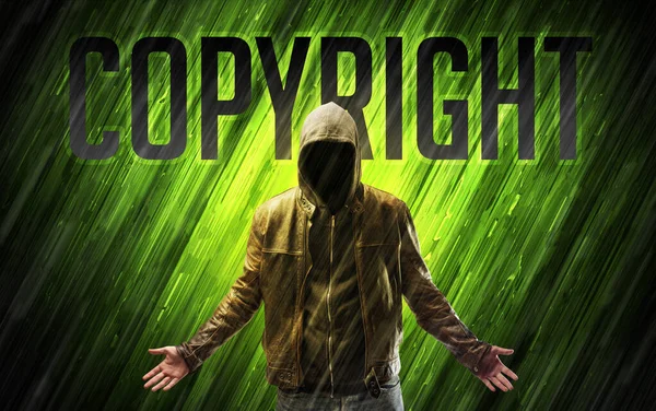 Geheimnisvoller Mann mit COPYRIGHT-Aufschrift, Online-Sicherheitskonzept — Stockbild Geheimnisvoller Mann mit Sicherheitskonzept — Stockfoto