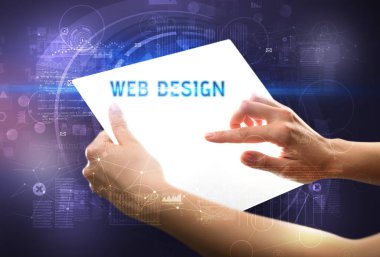 El işi fütüristik tablet, teknoloji konsepti.