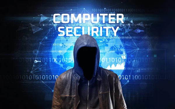 仕事中の顔のないハッカー、セキュリティコンセプト — ストック写真
