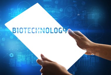 El işi fütüristik tablet, teknoloji konsepti.