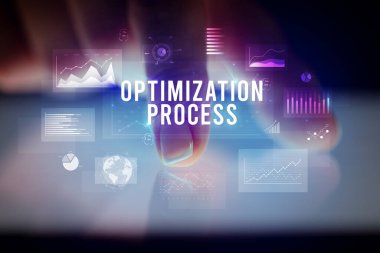 İş grafikleri ve simgeler konseptiyle tablete dokunmak