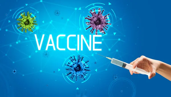 Jeringa, inyección médica en la mano, concepto de vacuna contra el coronavirus — Foto de Stock