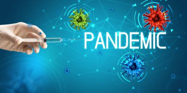 Şırınga, elinde tıbbi enjeksiyon, koronavirüs aşısı konsepti.