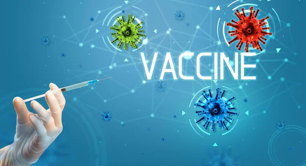 Siringa, iniezione medica in mano, concetto di vaccino coronavirico — Foto Stock