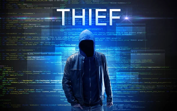 Faceless hacker on code background — Stock Photo, Image