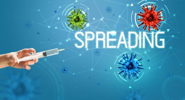 Şırınga, elinde tıbbi enjeksiyon, koronavirüs aşısı konsepti.