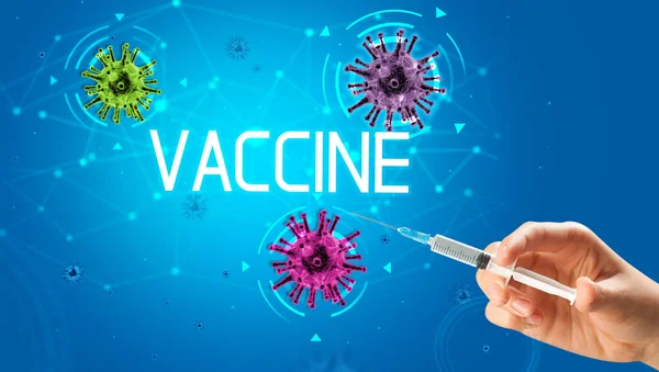 Injekční stříkačka, lékařská injekce v ruce, koncepce koronavirové vakcíny — Stock fotografie