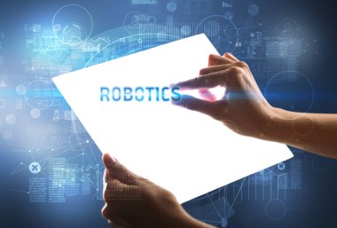 El işi fütüristik tablet, teknoloji konsepti.