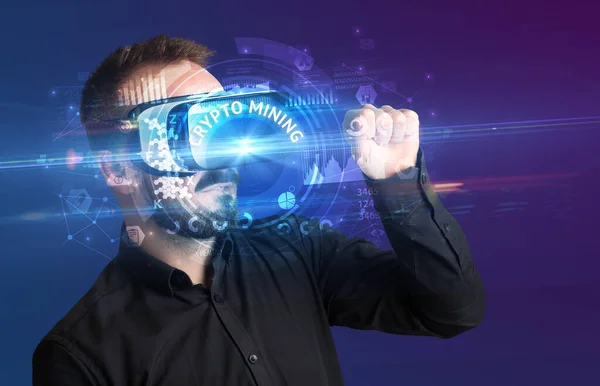 Businessman looking through VR glasses — Stock Photo, Image