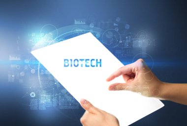 El işi fütüristik tablet, teknoloji konsepti.
