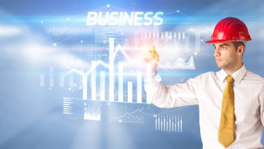 Sanal ekrana kask çizen genç iş adamı