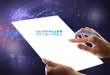 El işi fütüristik tablet, teknoloji konsepti.