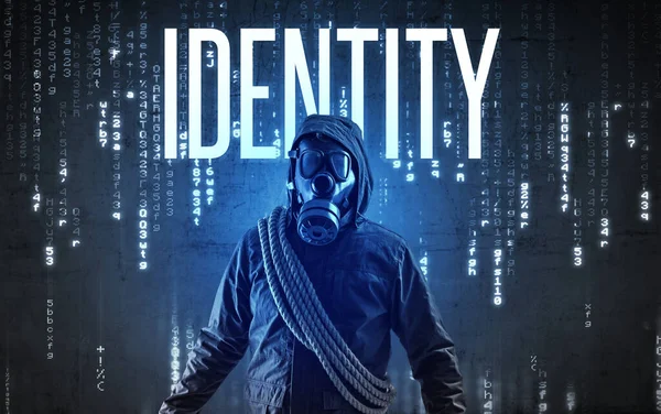 Gesichtsloser Hacker mit IDENTITY-Aufschrift, Hacker-Konzept — Stockbild Gesichtsloser Hacker mit Inschrift — Stockfoto