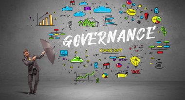 Şemsiyenin arkasına saklanan iş adamı