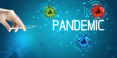 Şırınga, elinde tıbbi enjeksiyon, koronavirüs aşısı konsepti.