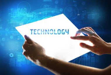 El işi fütüristik tablet, teknoloji konsepti.