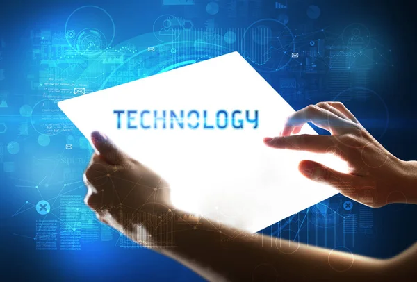 Ręczny uchwyt futurystyczny tablet, koncepcja technologii — Zdjęcie stockowe