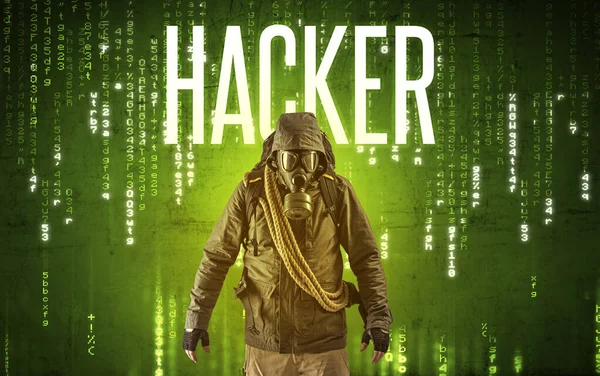 Faceless hacker with inscription — Stock Photo, Image
