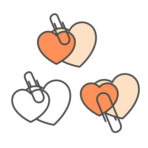 Två överlappande hjärtan förenas med häftklammer-kärlek eller Valentine — Stock vektor