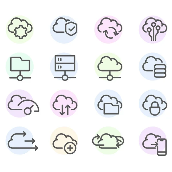 Набор иконок линий компьютерных облаков - синхронизация данных — стоковый вектор
