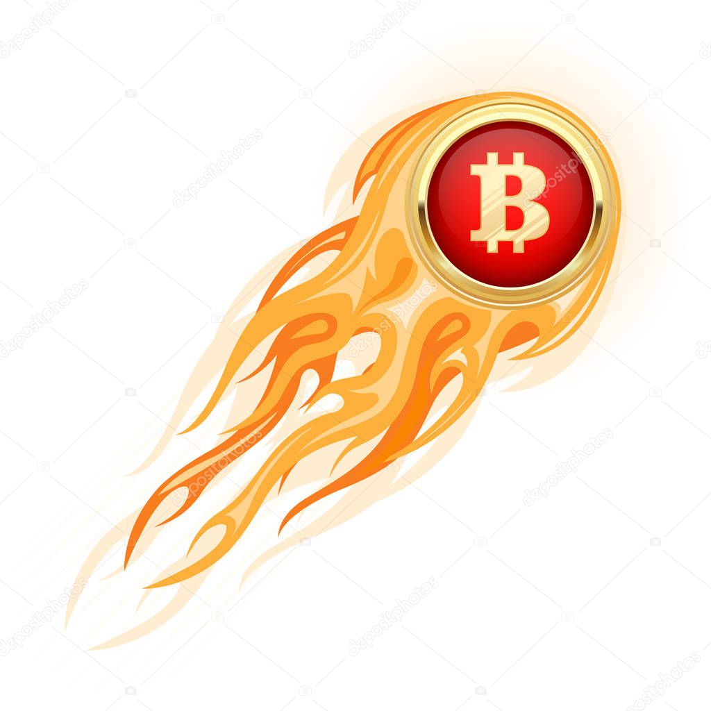 Bitcoin takeoff - flaming bitcoin flying up, cryptocurrency 