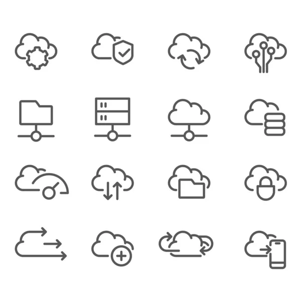 Conjunto de iconos de línea de computación en nube: sincronización de datos, almacenamiento en la nube — Vector de stock