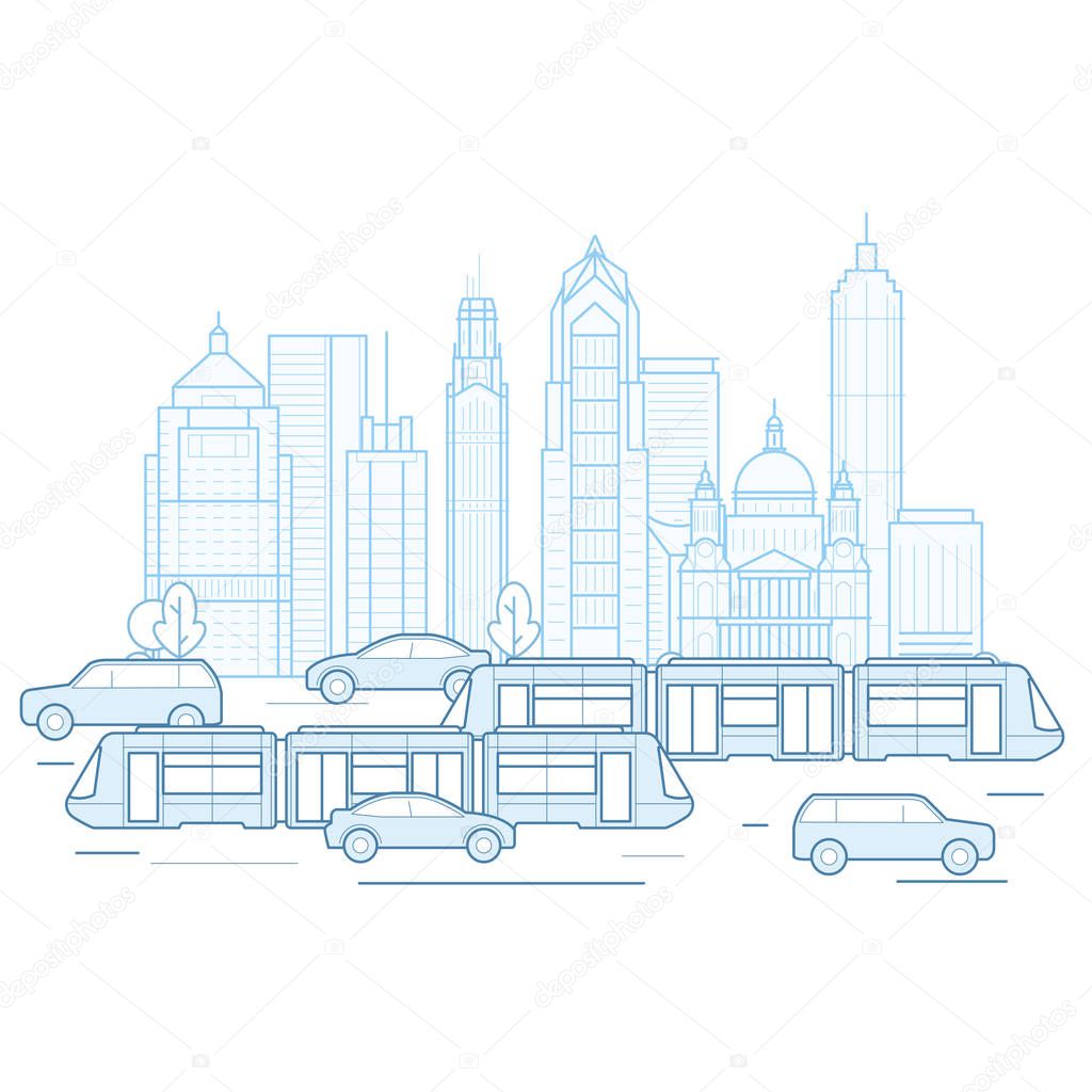 City traffic - downtown cityscape with public transport
