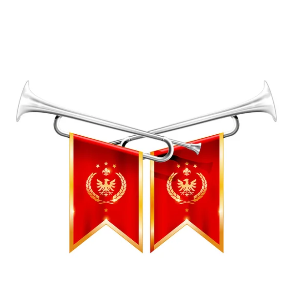 Twee gekruiste Koninklijke trompetten, zilveren hoorn, Triumph en Fanfare — Stockvector