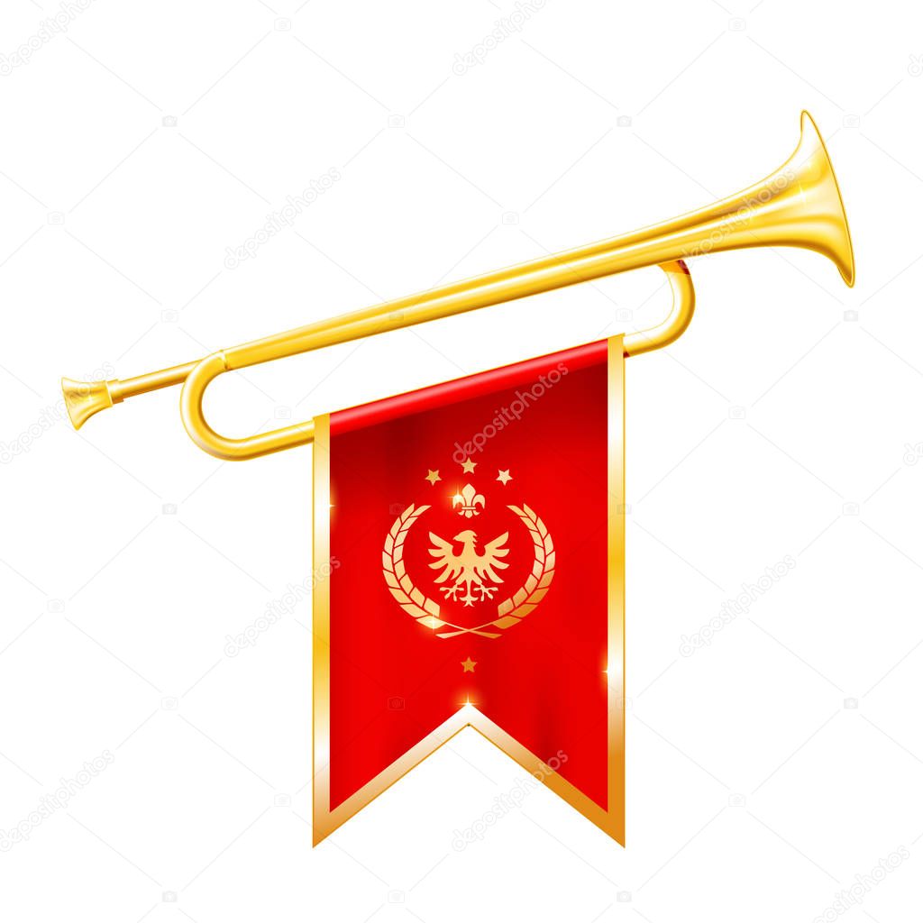 Antique royal horn - trumpet with triumphant flag, triumph