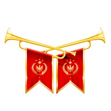 Kazanan için Fanfare - iki çapraz kraliyet trompet, altın boynuz