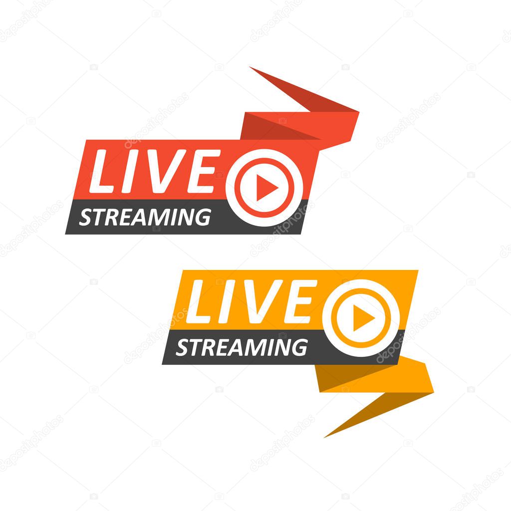 Live streaming logo on banner - play button for online broadcasting, live stream icon