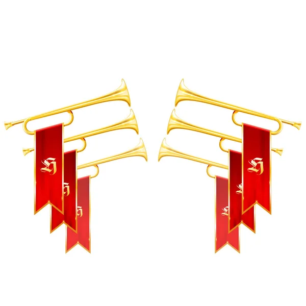 Triunfo de fanfarria - trompetas vintage cruzadas simbolizan la gloria — Vector de stock