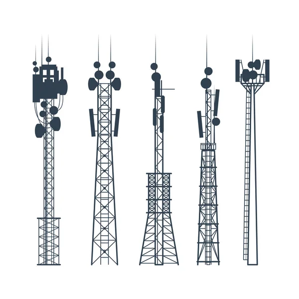 Transmissão de torres celulares, antena de comunicação por satélite —  Vetores de Stock