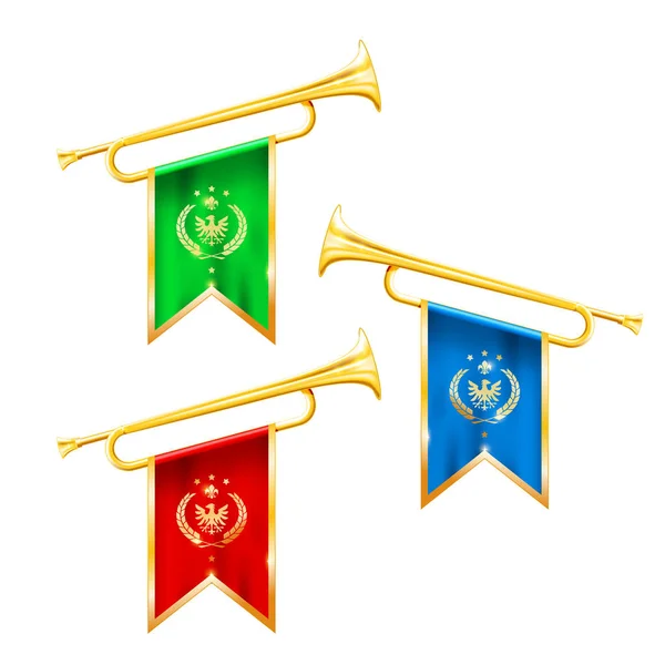 Фанатичні труби з прапорами, символом слави і слави, золота труба — стоковий вектор