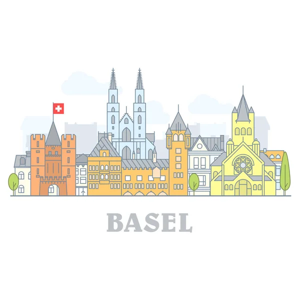 Basel, Svájc-Óváros, városi panoráma, jellegzetes tájékozódási pontok — Stock Vector